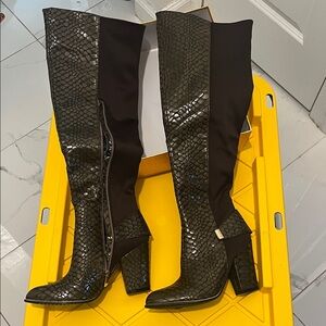 Lady Couture - Olive Green Faux Snake Embossed Chic Over the Knee Boots